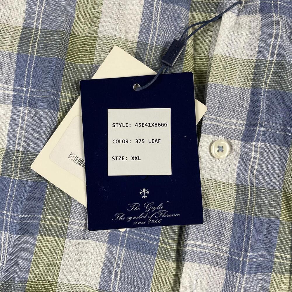 Toscano Aqua Men's Linen Gingham Plaid Button Up Shirt Blue Green Men's 2XL - Picture 6 of 10
